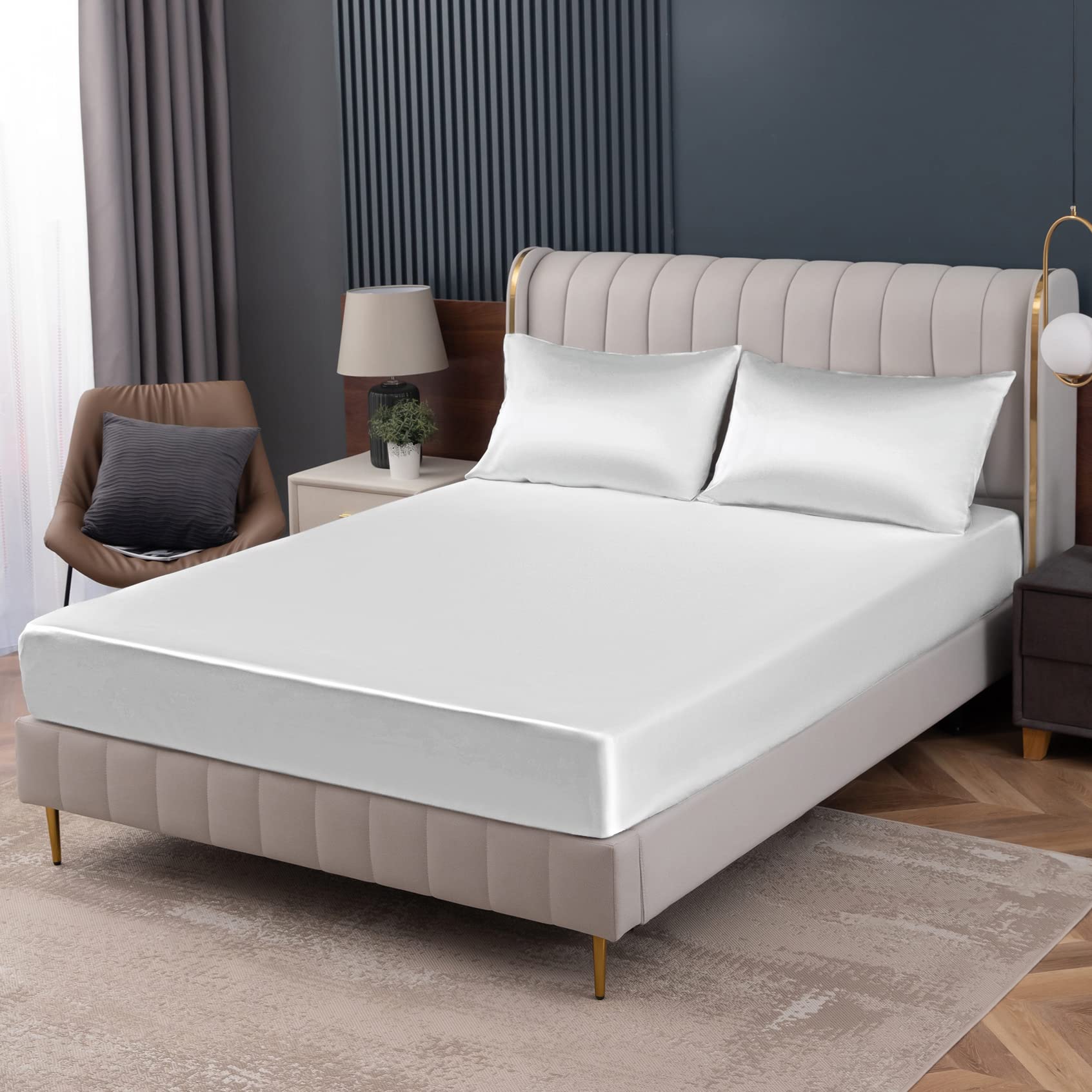 Homiest White Satin Fitted Sheet Queen Size Fitted Bed Sheet, Deep Pocket Fitted Sheet Only, Luxury & Ultra Soft Bedding Fitted